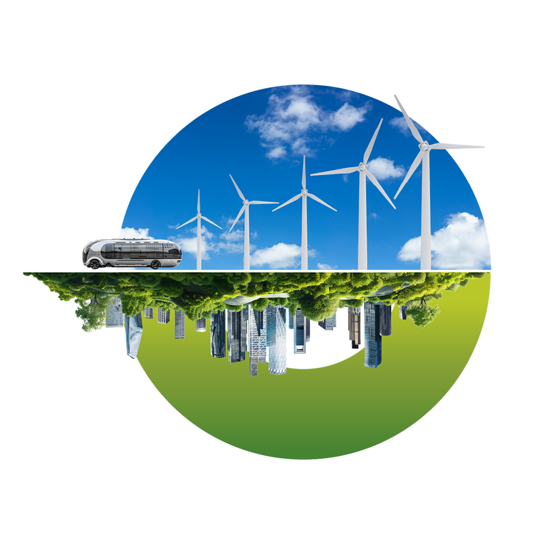 Sustainability for a Connected Planet Circular green, white, and yellow graphic representing Earth and its environment in relation to climate change.