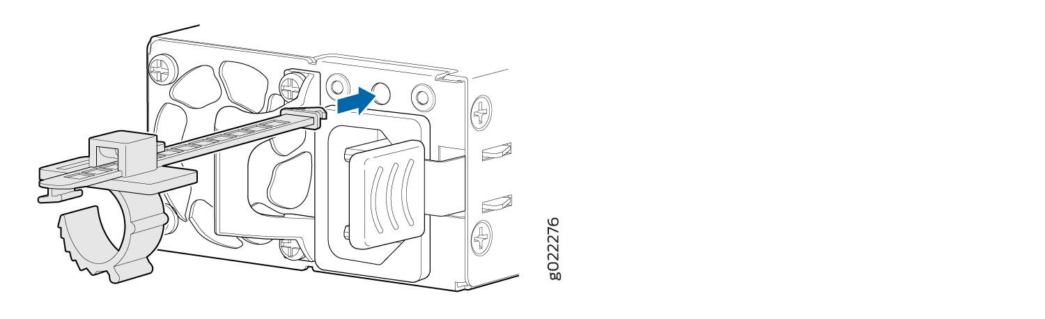 Technical illustration of a component installation with a bracket, sliding part, and housing. Blue arrow shows insertion direction.