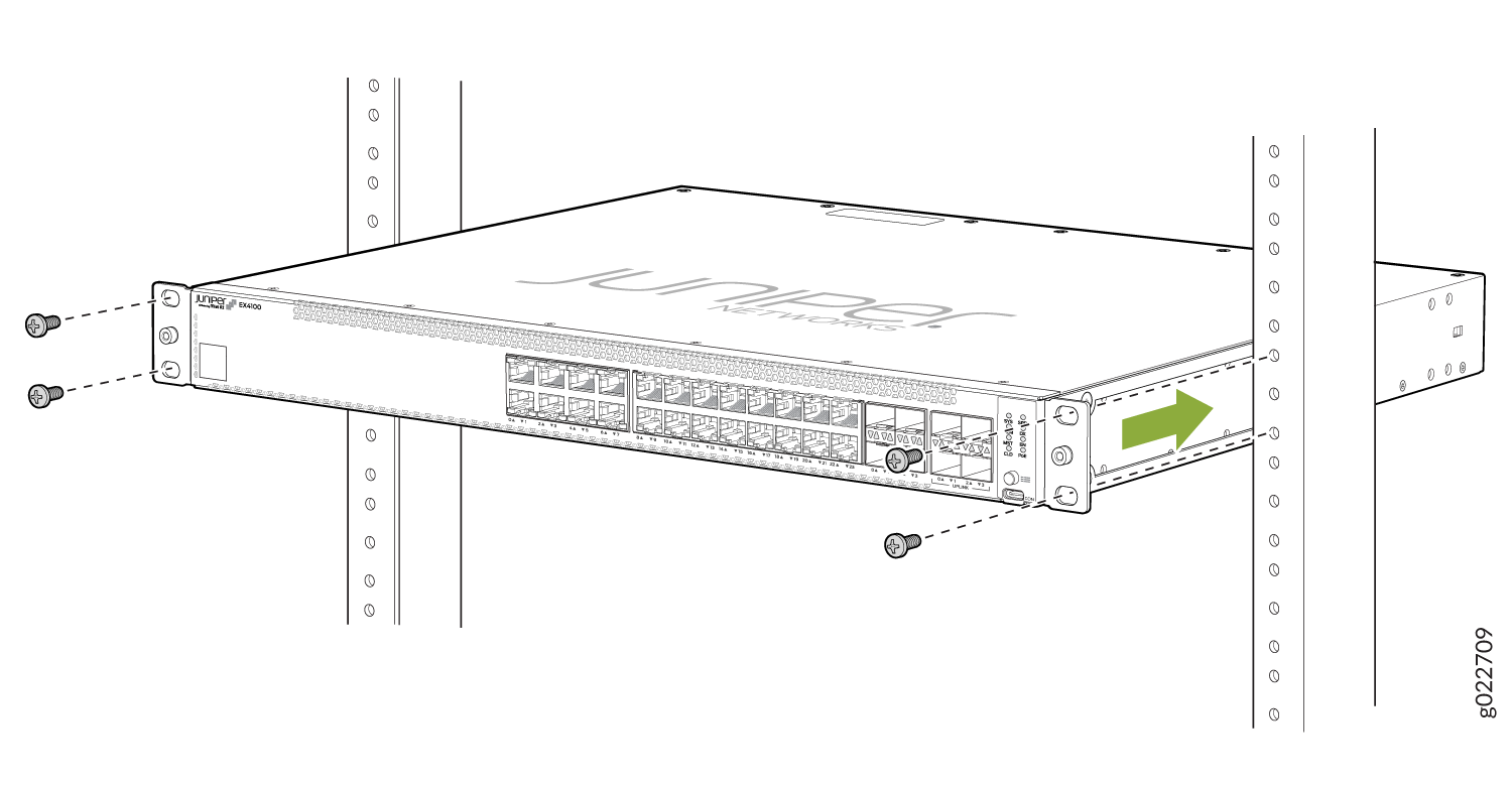 Juniper Networks EX4100 Ethernet switch installation in rack with screws and green arrow for alignment direction.