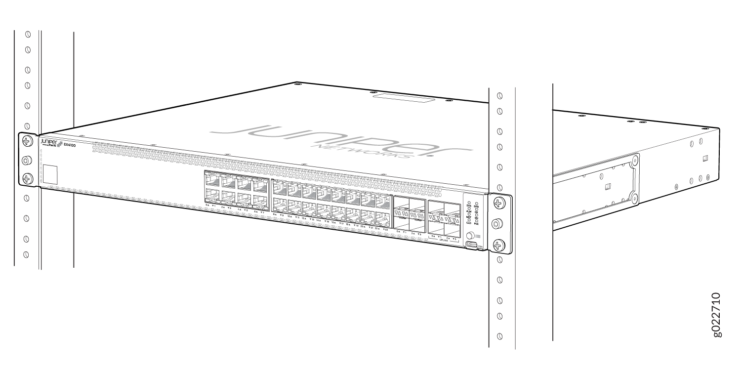Juniper Networks EX4300 Ethernet switch mounted in a rack, used in enterprise and data center environments.