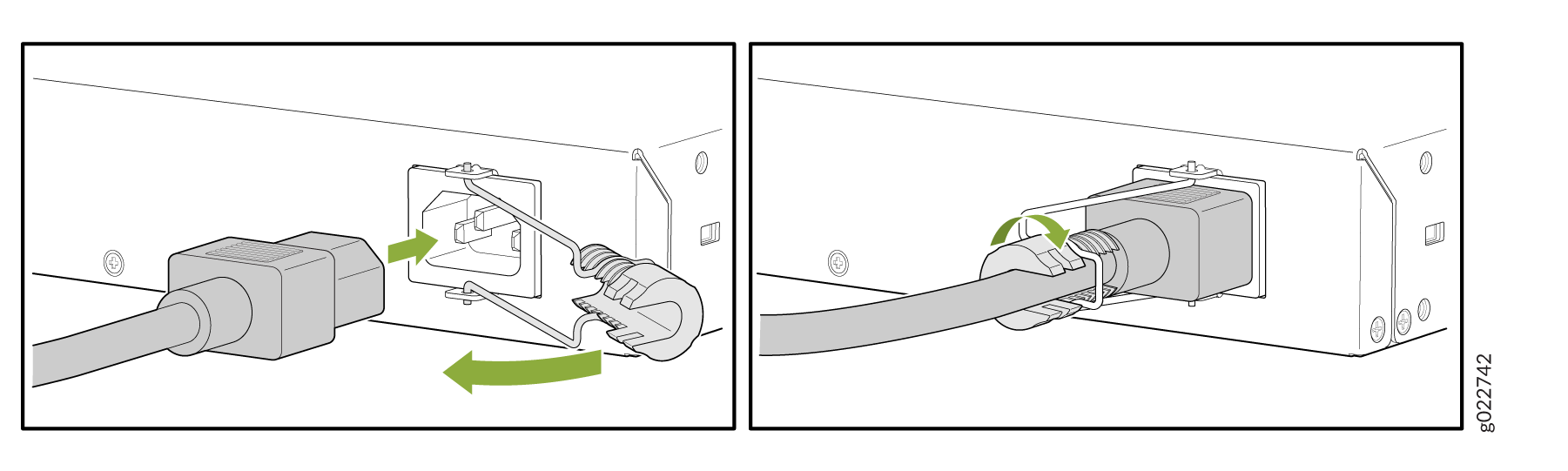 Connecting a cable to a device: Align and insert connector into port. Secure cable by engaging locking mechanism.