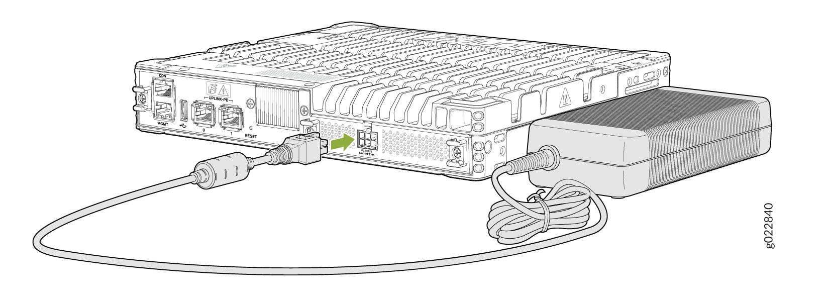 Network device with power adapter connected to DC input. Ports: MGMT, CON, uplink, reset button.