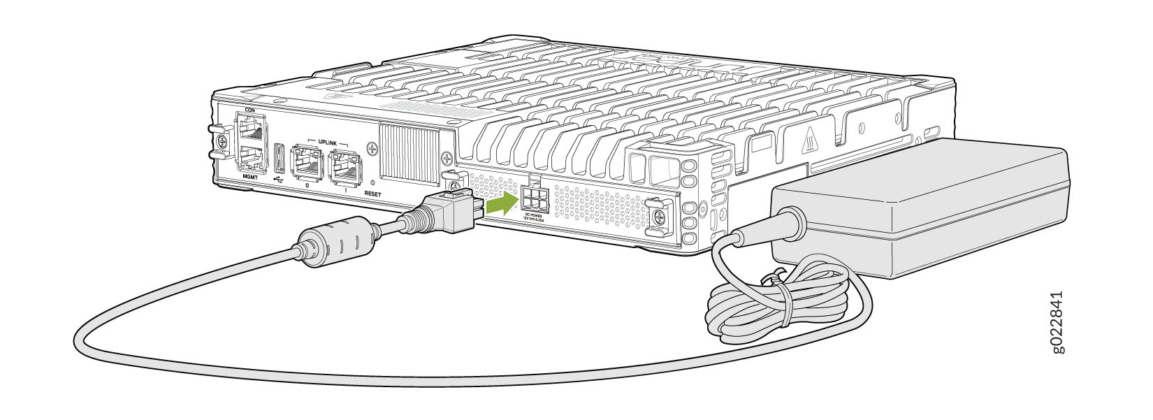 Rear view of a network device with console, management, and uplink ports, connected to a DC power input with a power adapter.