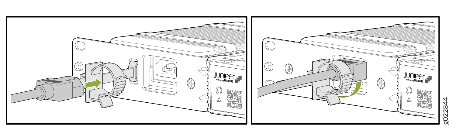 Connecting a cable to a Juniper Networks device with a locking mechanism for stability; branded Juniper driven by Mist AI.