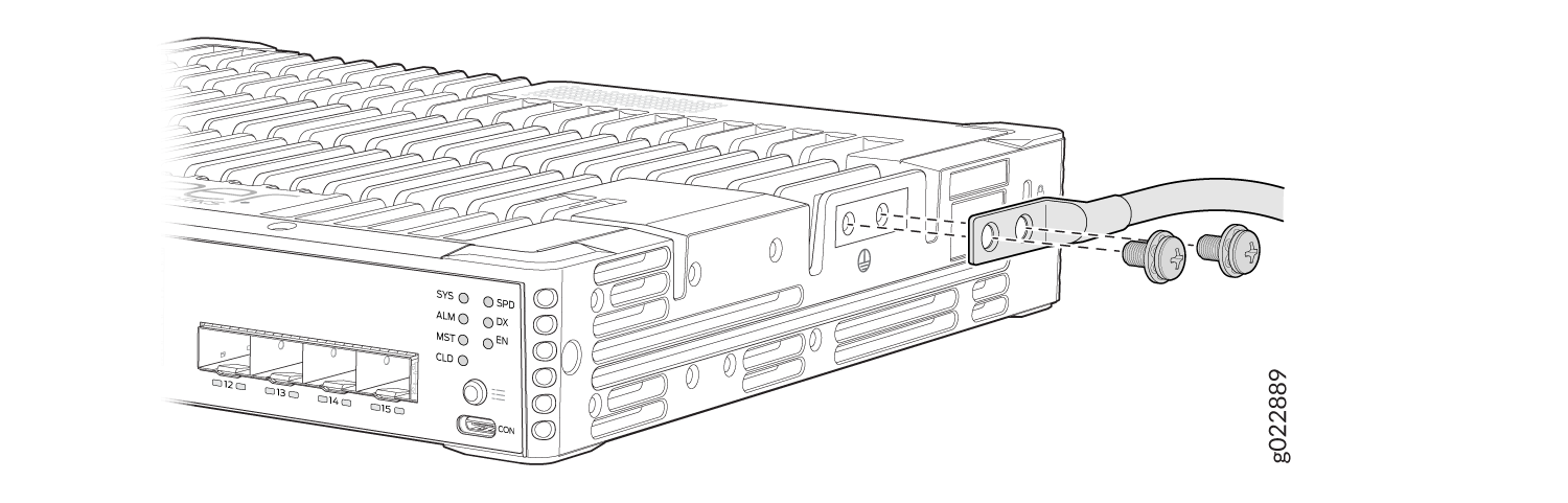 Technical illustration of a server with a cable being connected and secured using screws, indicating alignment with dashed lines.