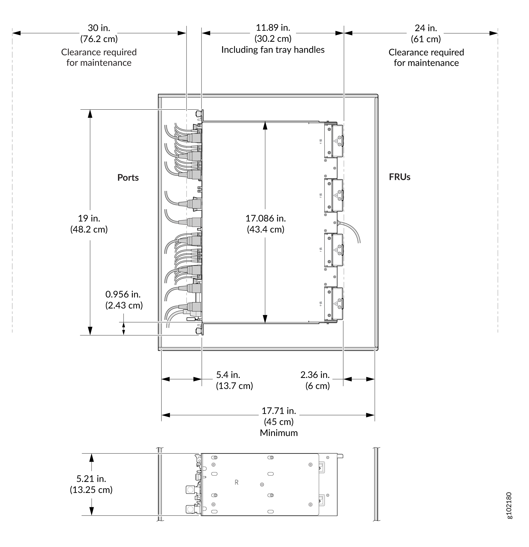 ACX7332 Chassis Dimensions and Clearance Requirements for a Cabinet