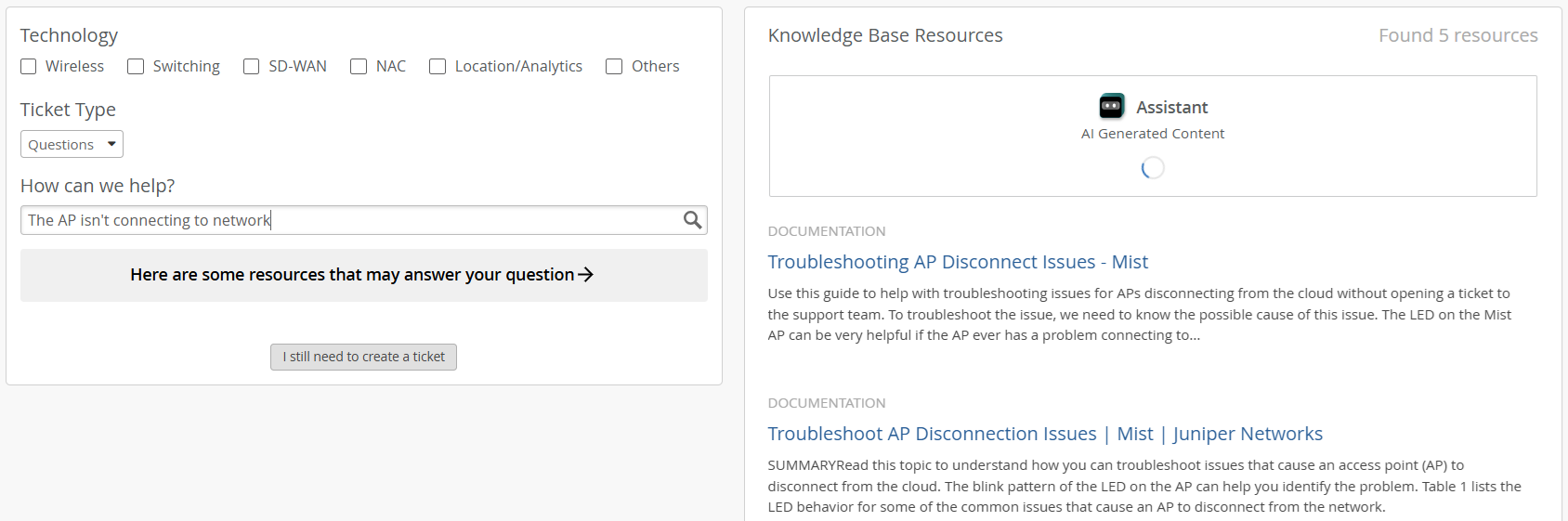 Support ticket interface for network issues: Technology checkboxes, Ticket Type dropdown, Issue Description input with "The AP isn't connecting to network," Suggested Resources, Knowledge Base section with AP troubleshooting docs, AI Assistant loading, and "I still need to create a ticket" button.