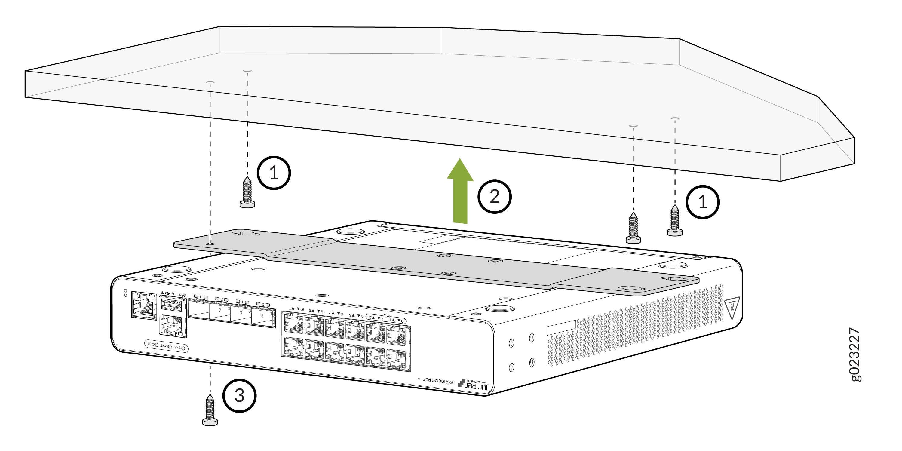 Juniper EX4100-C network switch installation diagram onto wall or ceiling with labeled screws and mounting bracket.