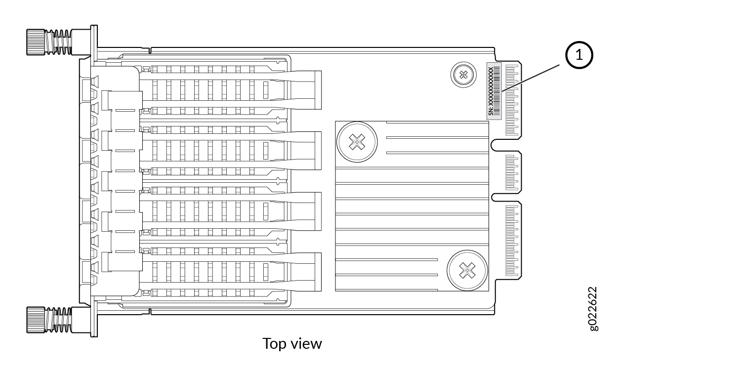 Location of the Serial Number ID Label on a 4x25GbE SFP28 Extension Module Used in EX4400 Switches