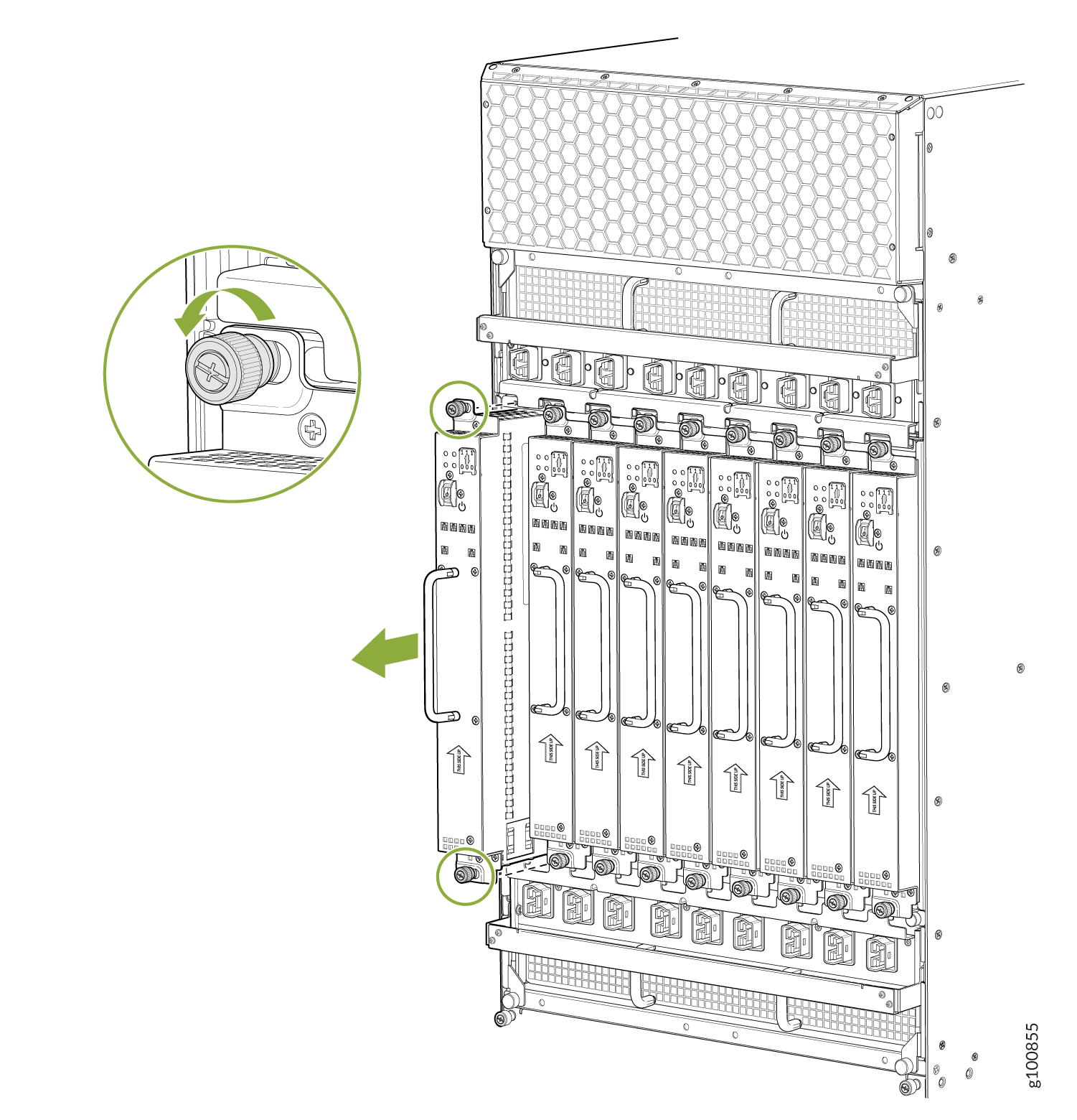 Removing a High-Voltage Universal (HVAC/HVDC) Power Supply Module Before Installing the MX2000 Router