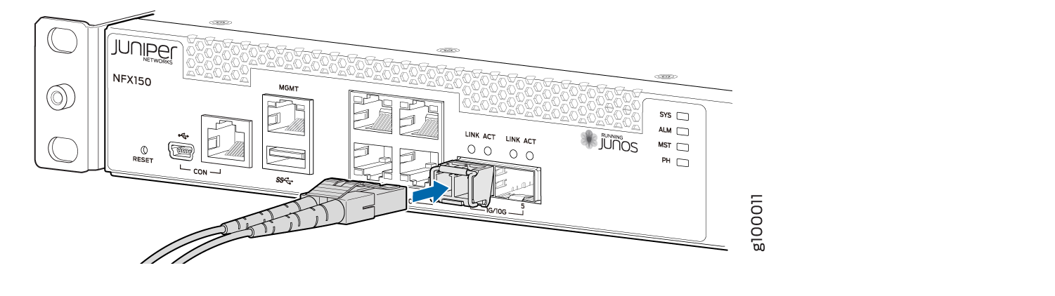 Inserting a Fiber-Optic Cable into a Transceiver on an NFX150-S1 Device