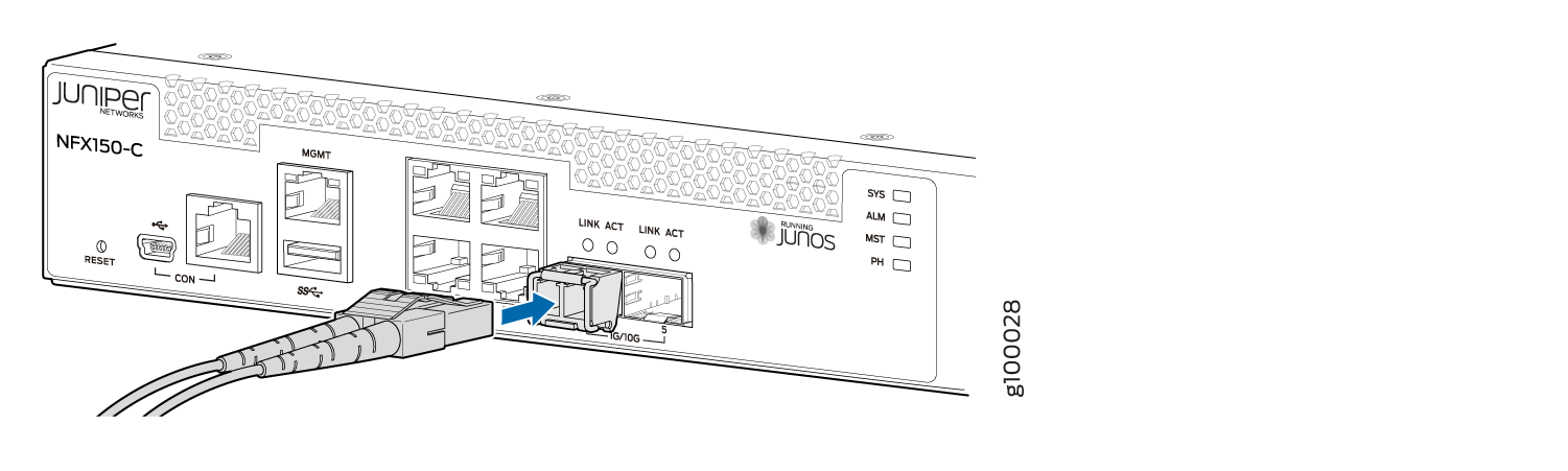 Inserting a Fiber-Optic Cable into a Transceiver on an NFX150-C-S1 Device