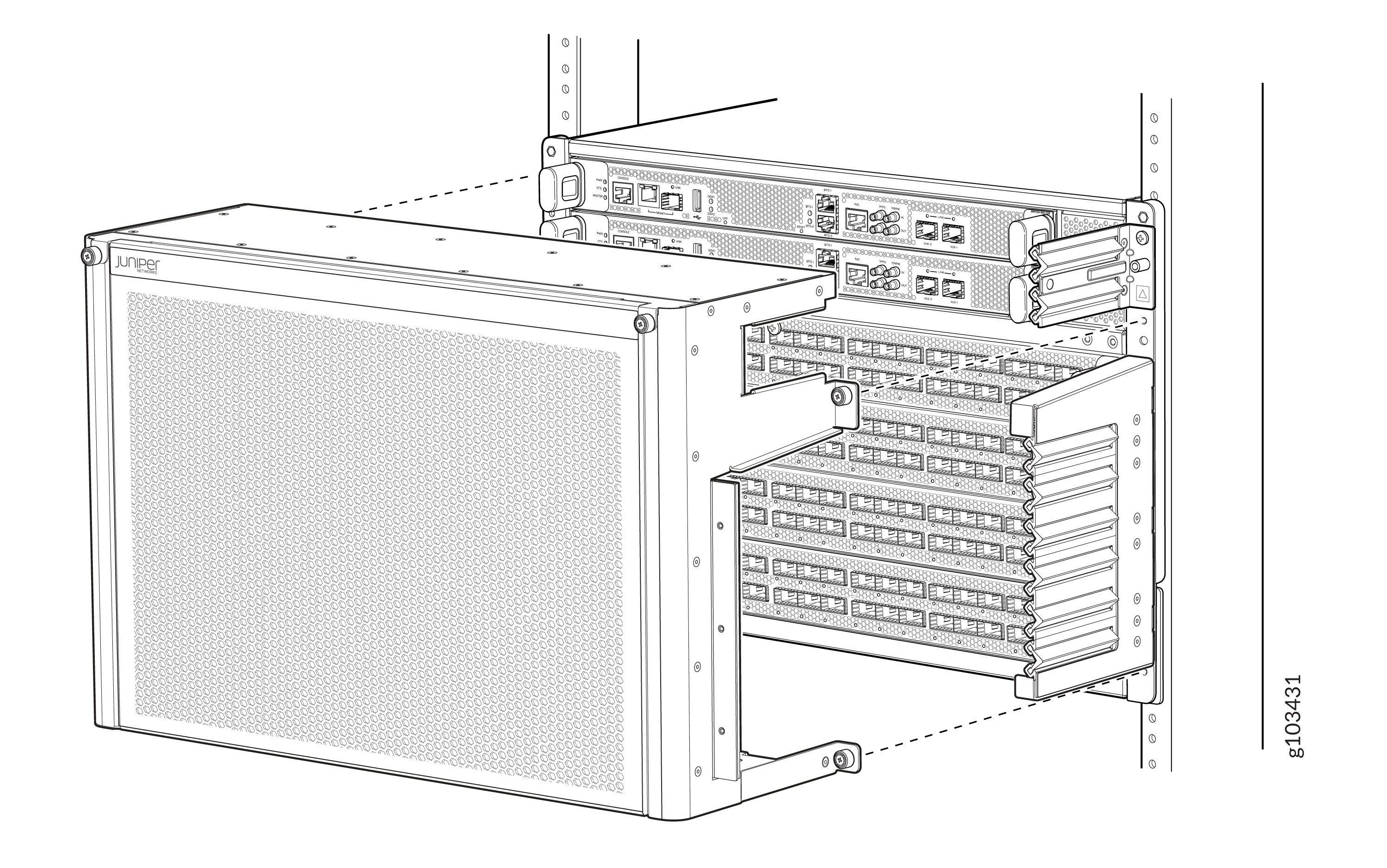 Juniper Networks device in a rack with front panel open showing ports, modules, mounting brackets, and perforated ventilation.