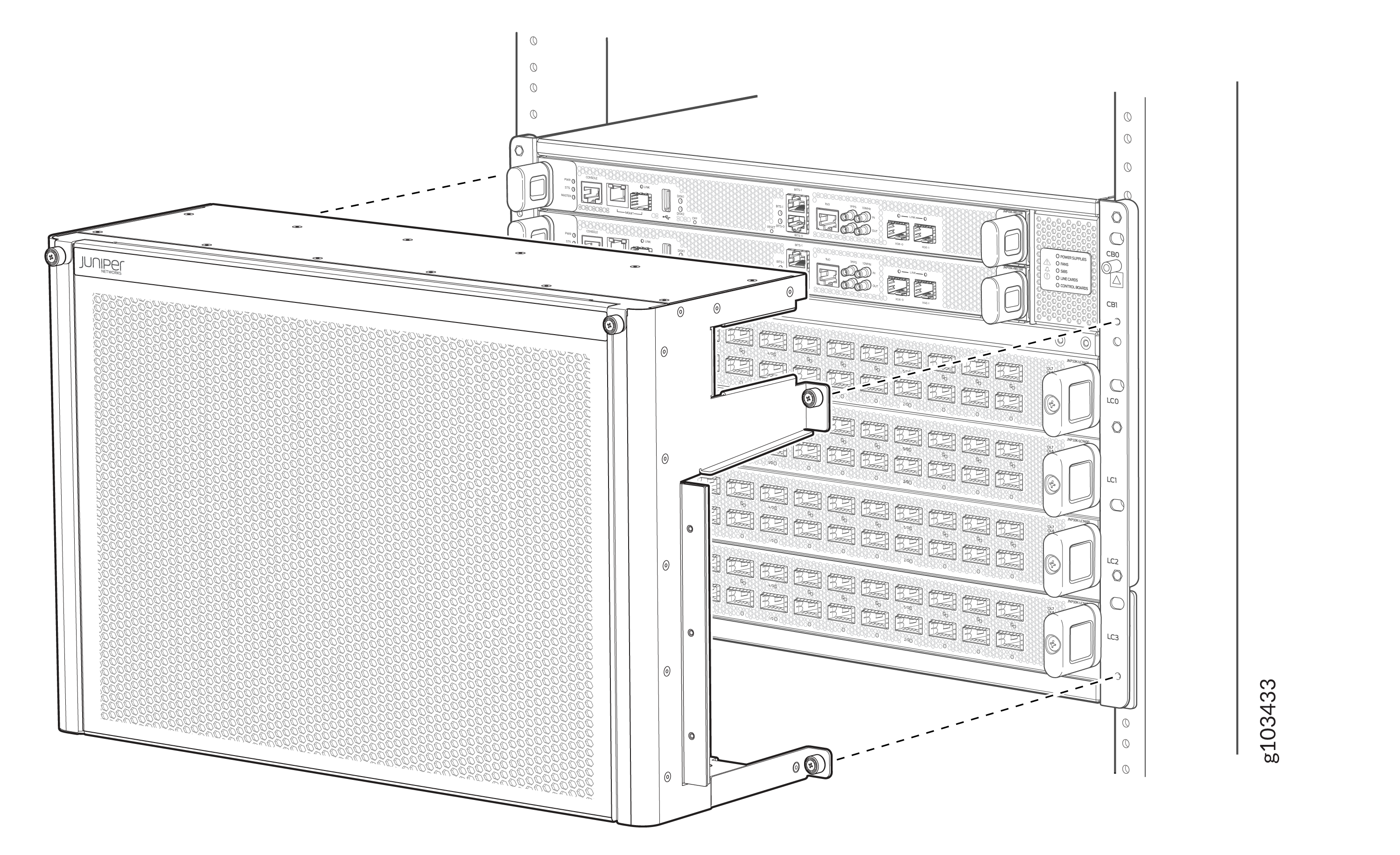 Juniper network switch with multiple ports being installed in a rack with mounting brackets and ventilation panel.