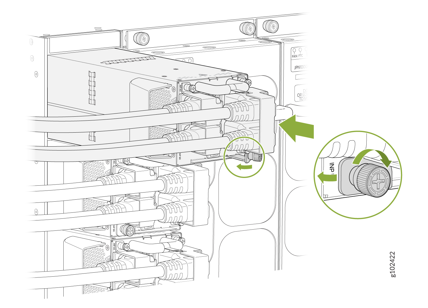 Installing a JNPR10K-PWR-AC3 using RA Power Cords with Baffle