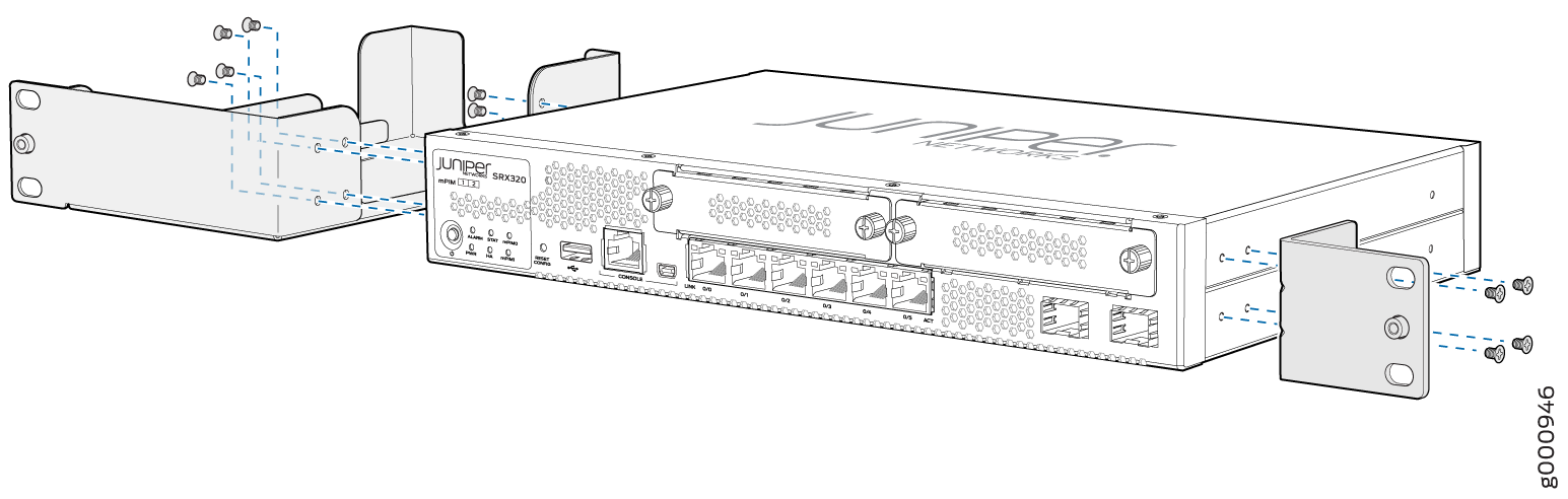 Juniper Networks SRX320 being prepared for rack mounting with brackets and screws attached.