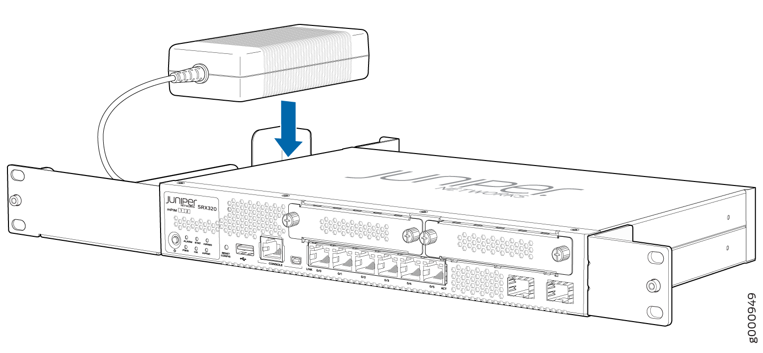 Juniper Networks SRX320 device with a blue arrow showing how to plug in the power adapter.
