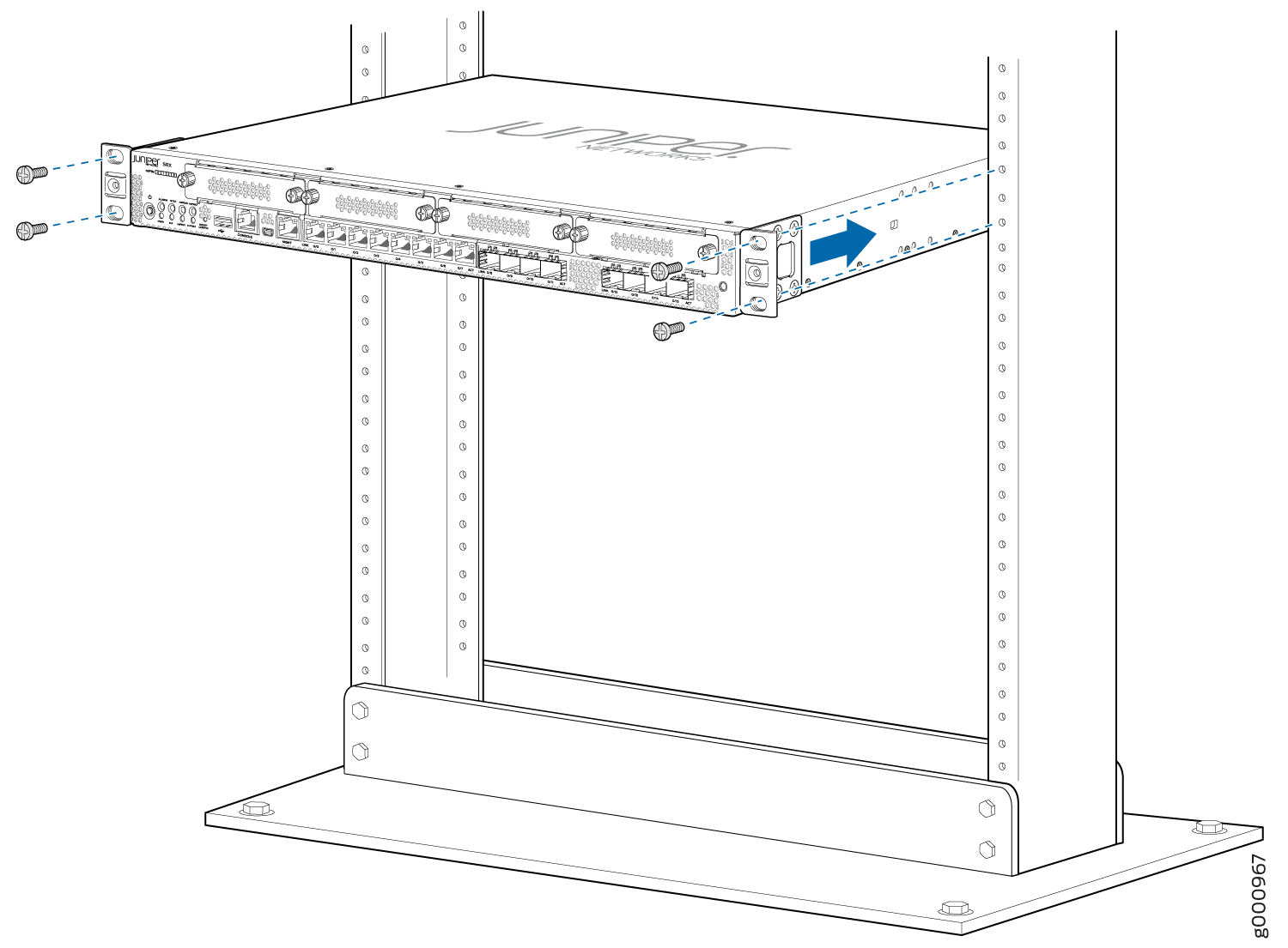 Juniper Networks device being installed into a server rack, secured with screws and arrow indicating sliding direction.