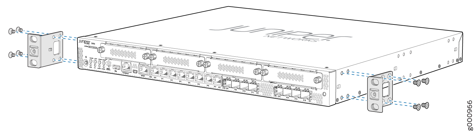 Attaching rack-mount brackets to a Juniper Networks device for installation in a 19-inch equipment rack.
