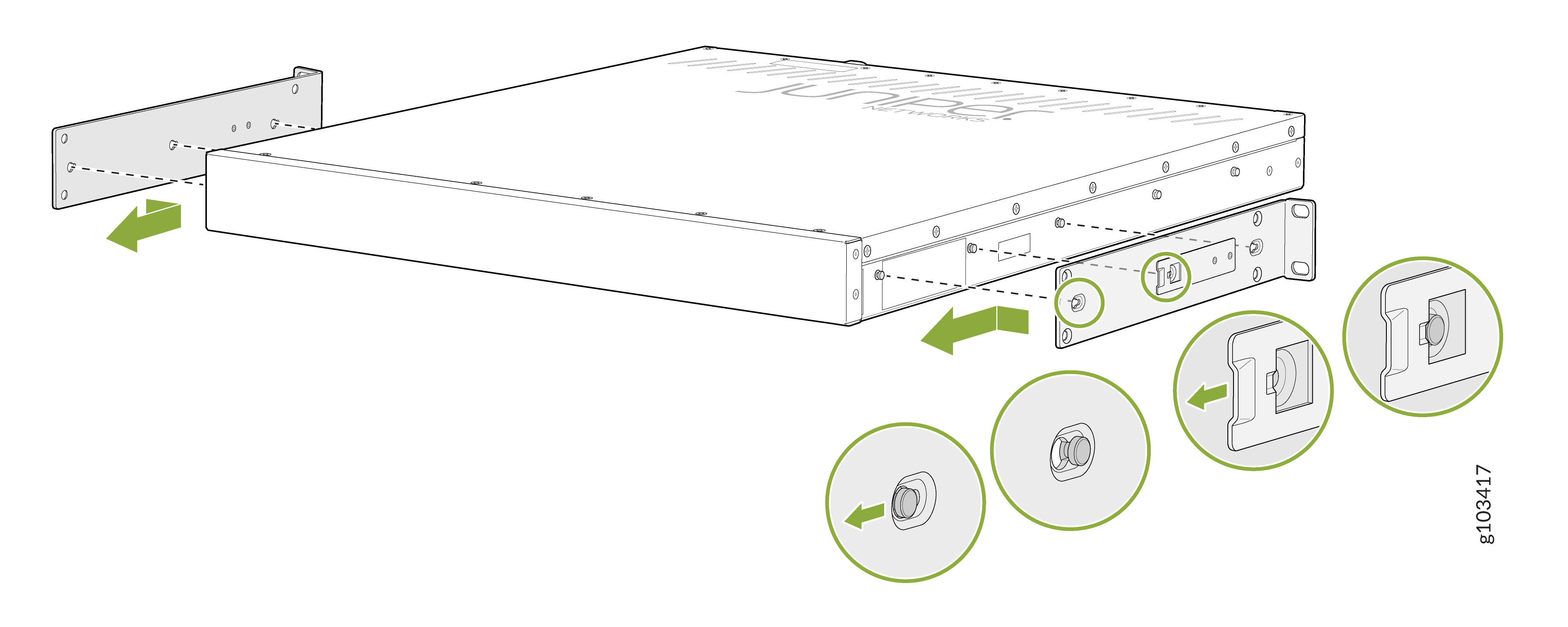 Installing rack-mount brackets onto a network device with step-by-step instructions and green arrows showing assembly direction.