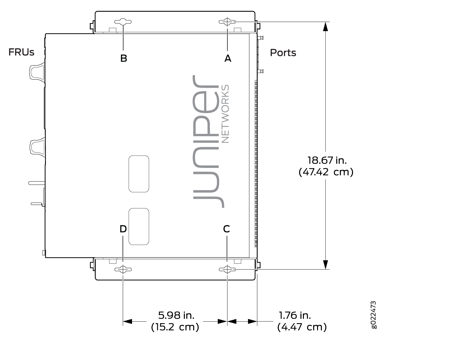 Measurements for Mounting EX4300-48MP and EX4300-48MP-S Switches on a Wall with the Front Panel Pointing to the Right Side