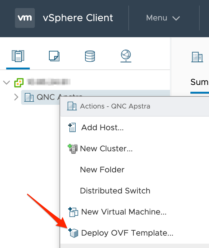 VMware vSphere Client Actions menu for QNC Apstra with Deploy OVF Template option highlighted by red arrow.
