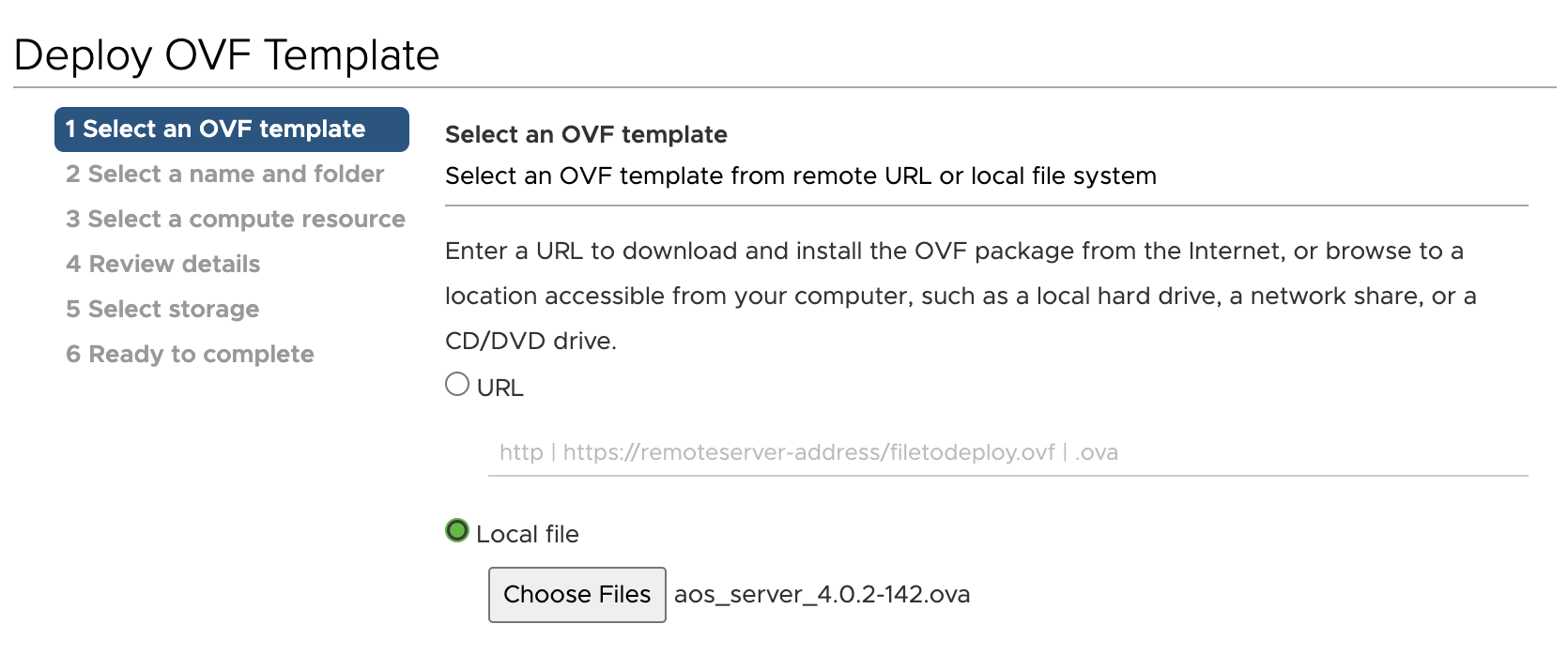 Deploy OVF Template wizard step 1: Select an OVF template with Local file option chosen and file aos_server_4.0.2-142.ova selected.