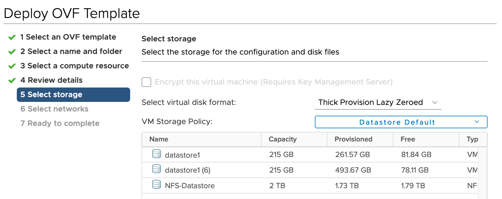 Select storage step of Deploy OVF Template wizard listing datastores with capacities and free space. VM Storage Policy is Datastore Default.