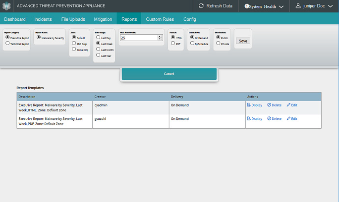 Juniper ATP Appliance Executive Report Options