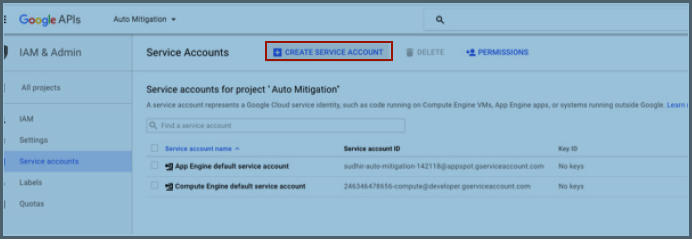 Navigate to the Google APIs Service Account page