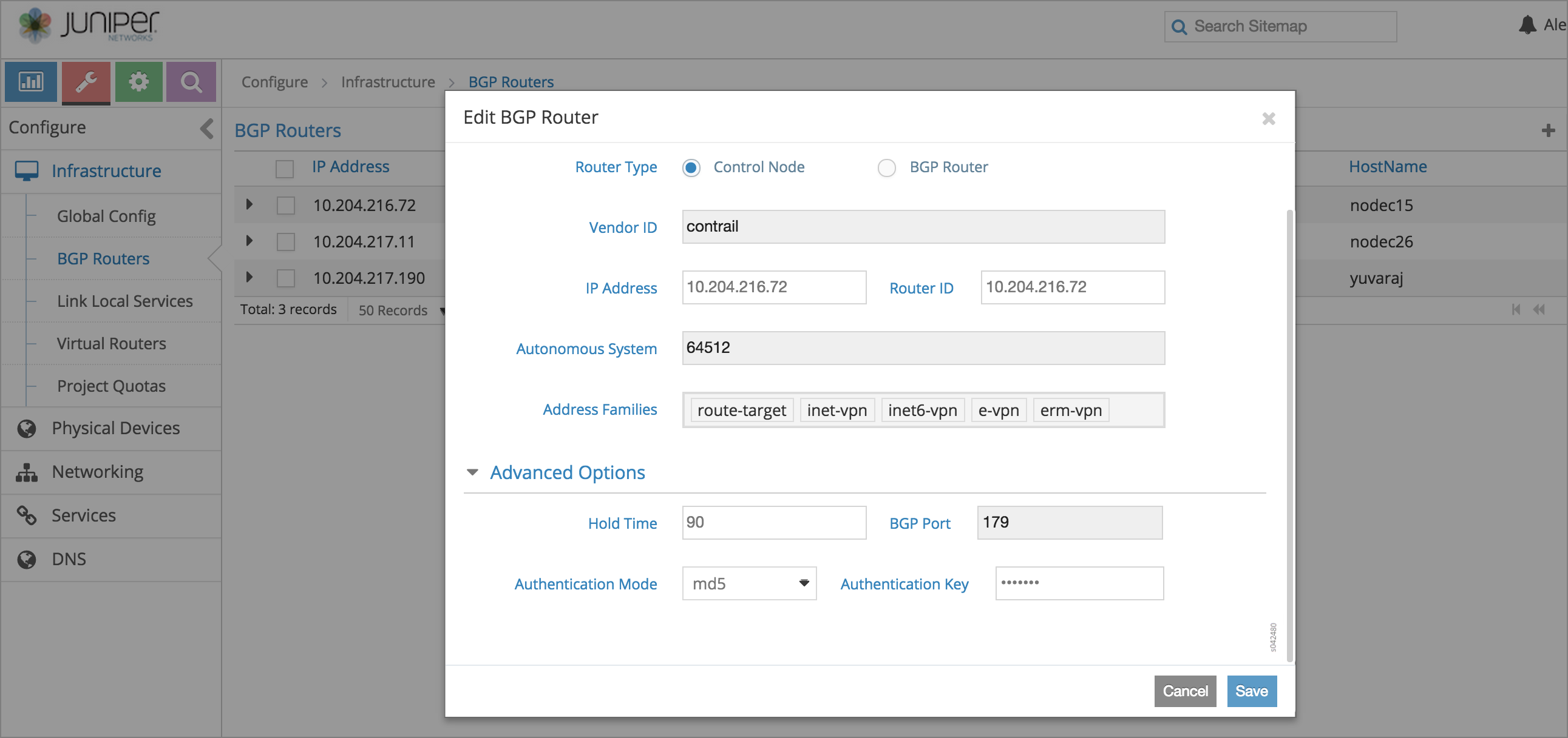 Edit BGP Router Window