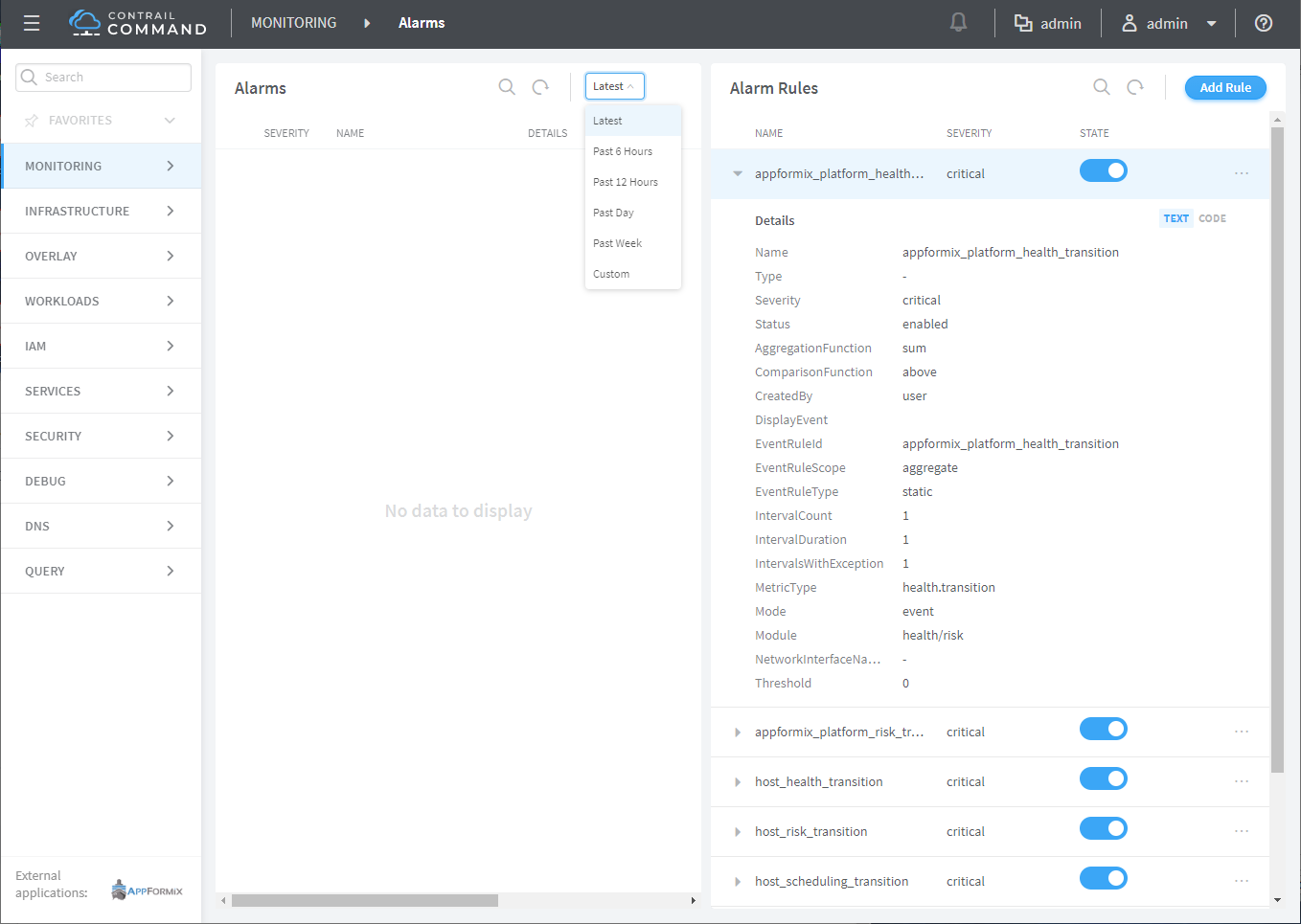 Alarm Active Alerts and Alarm Rules Panel in Contrail Command