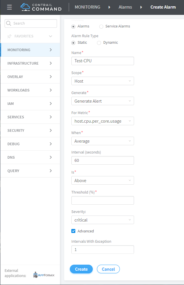 Create and Configure an Alarm in Contrail Command