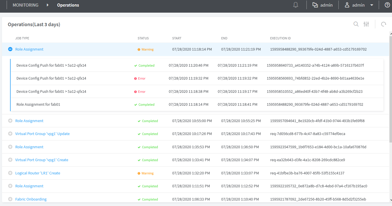 Monitoring > Operations : Fabric Transactions and Jobs