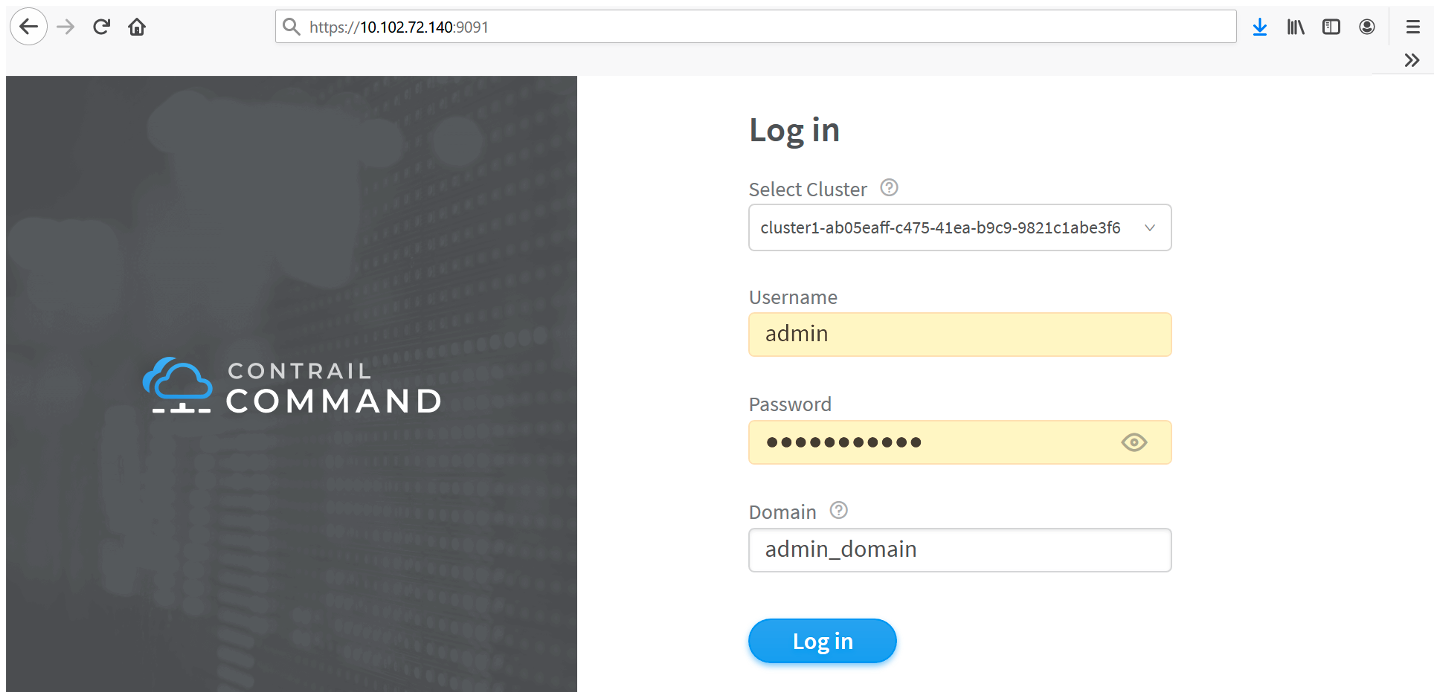 Contrail Command Login Example—Cluster in Environment using Canonical Openstack