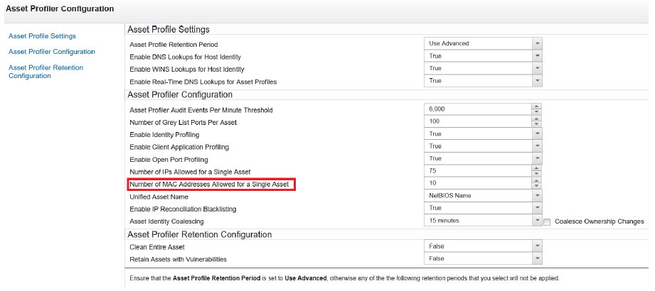 Asset Profiler Configuration Window