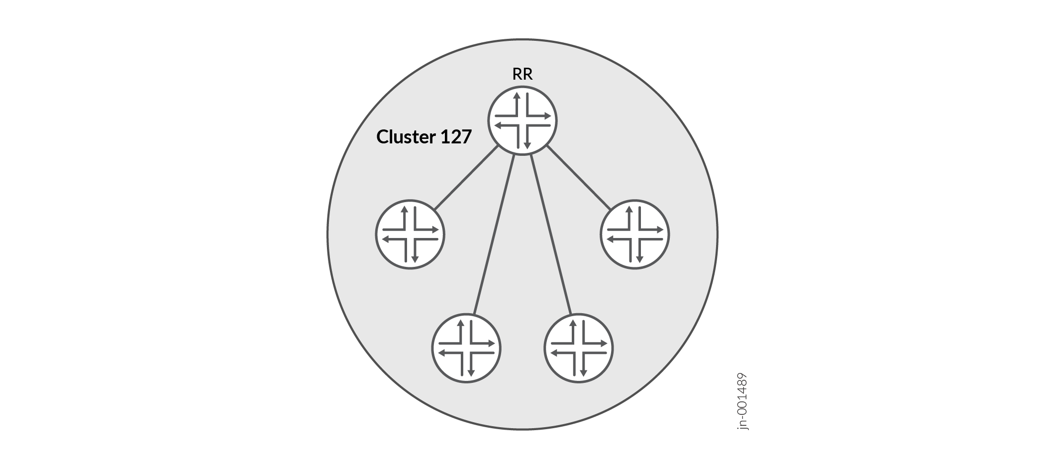 Route Reflector topology with central RR node redistributing BGP routes to client routers in a cluster.
