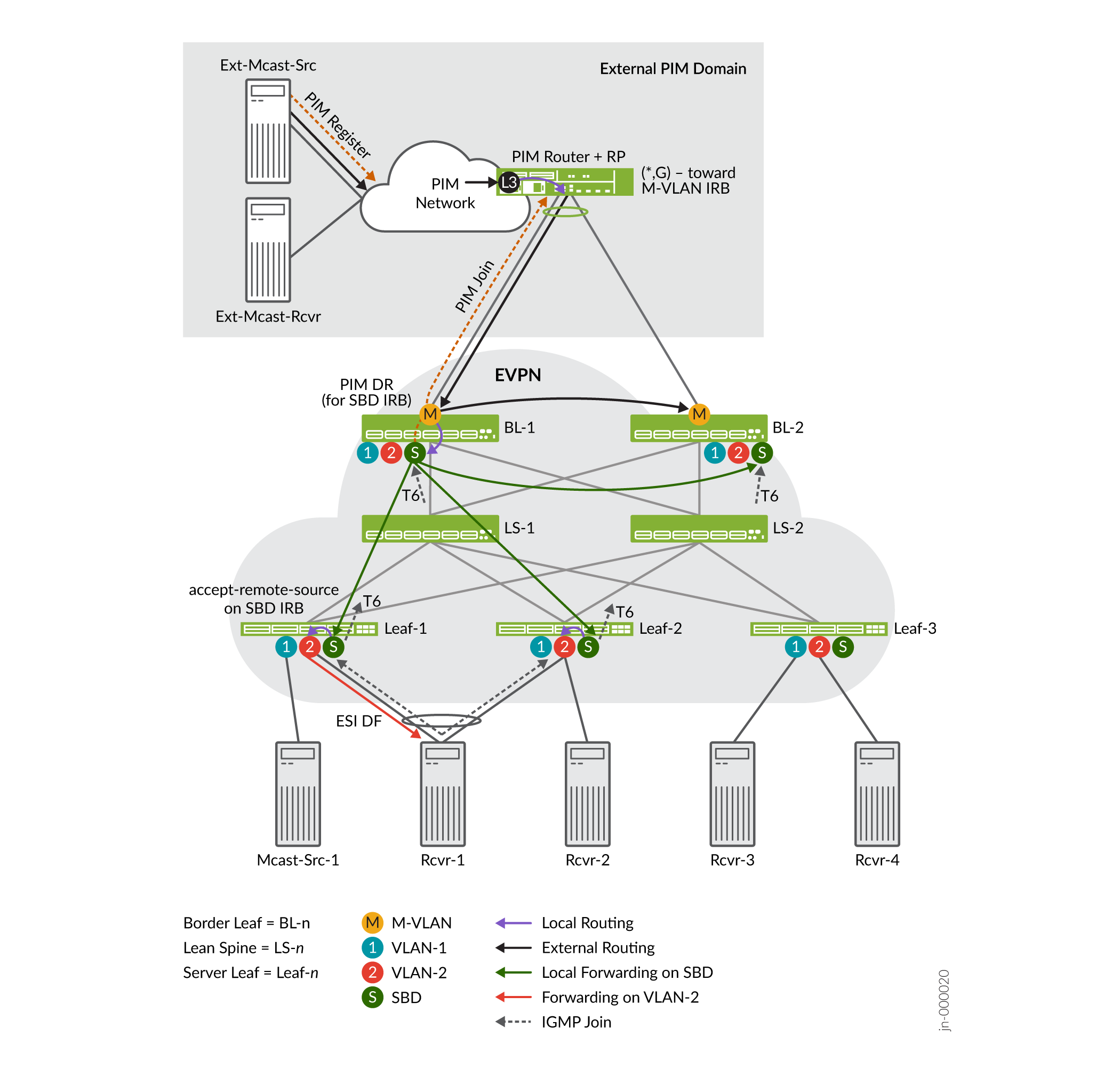 OISM with an External Multicast Source and an Internal Multihomed Multicast Receiver—M-VLAN IRB Method