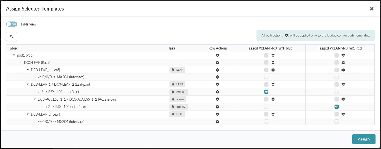 Assign Connectivity Template Pop-up Showing the Tagged VxLAN assignment options