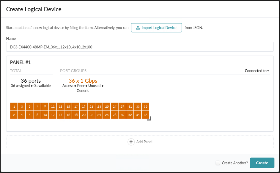 The Create Logical Device popup showing the first panel for the EX4400-48MP