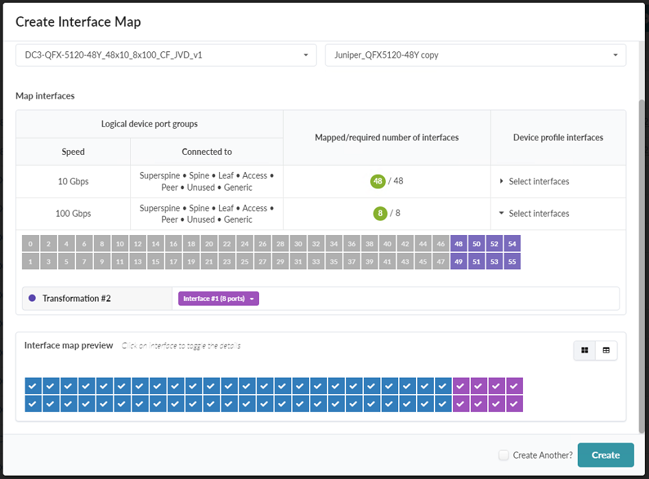 Create Interface Map Pop-up Showing the Interface Map Preview for the QFX5120-48Y