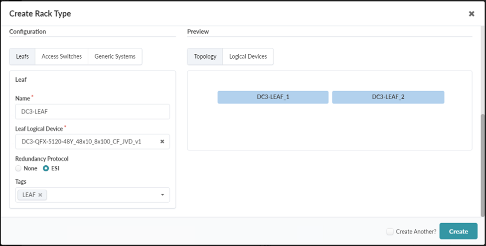 Rack Type Creation in Builder with ESI Under Leafs Highlighted