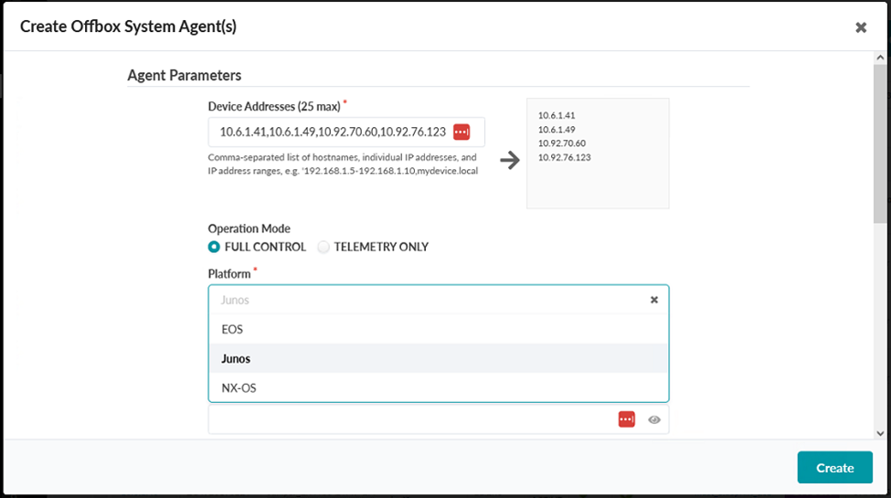 Create Offbox Agents Pop-up with the Platform Option Selecting Junos