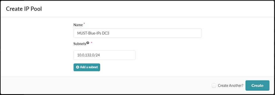 Create IP Pool Pop-up Showing the Creation of the MUST-Blue-IPs DC3 IP Pool