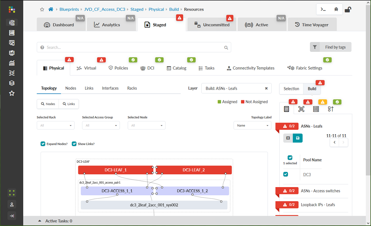 Staged Tab in the JVD_CF_Access_DC3 Blueprint Showing ASN - Leafs assignment options