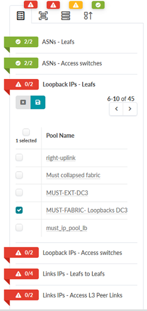 Staged Tab in the JVD_CF_Access_DC3 Blueprint Showing Loopback IPs – Leafs assignment options