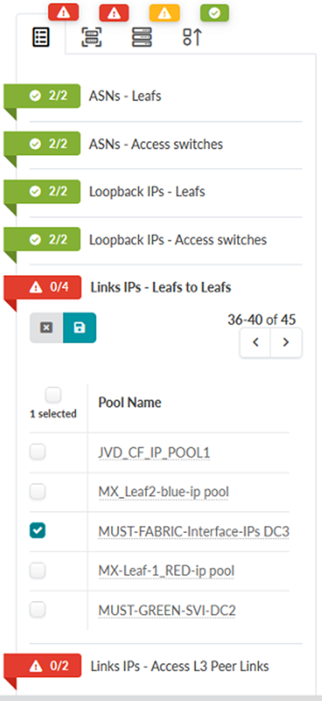 Staged Tab in the JVD_CF_Access_DC3 Blueprint Showing Links IPs – Leafs to Leafs assignment options