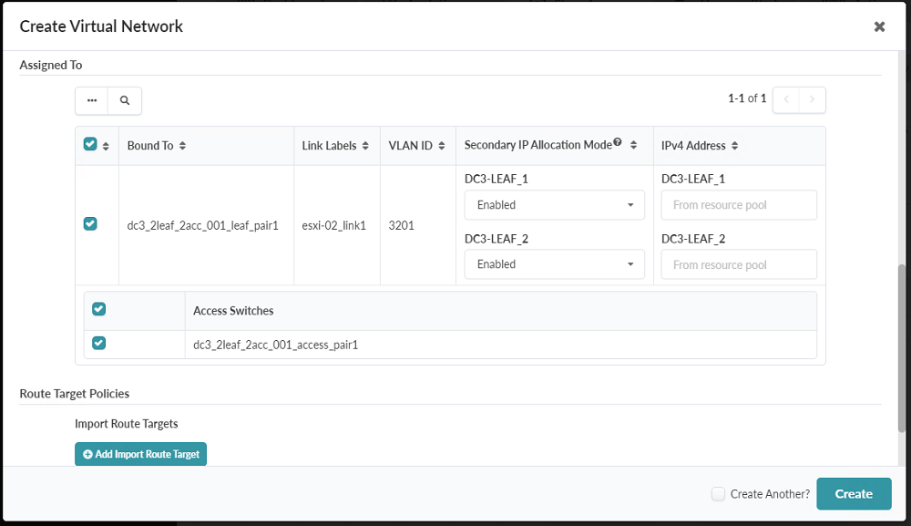 Lower Part of the Create Virtual Network Pop-up