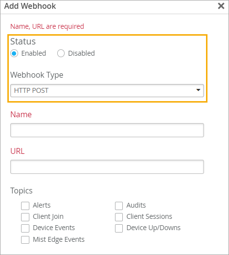 Status and Webhook Type fields at the top of the Add Webhook window