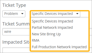 options in the second drop-down list for problem tickets